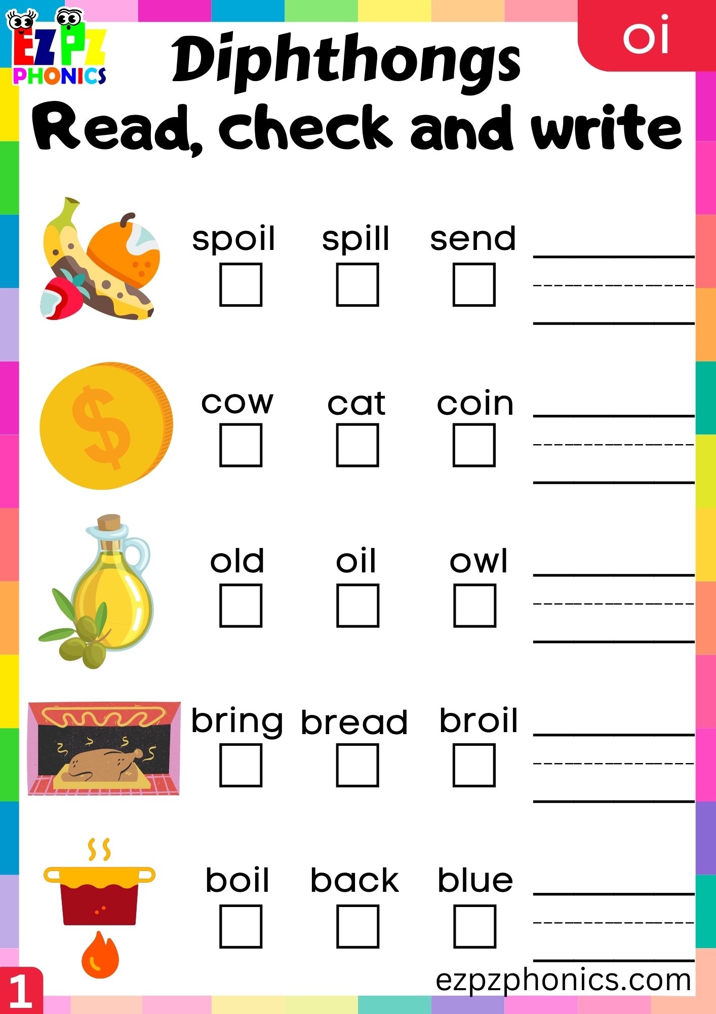 oi Diphthong Read Check and Write Worksheet PDF Download